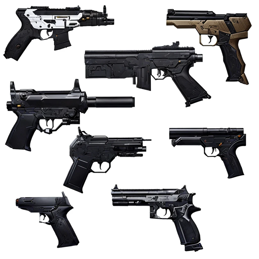 アニメ調の拳gun、a group of six different types of gun on a white background, realistic weapons, realistic gun, Lots of weapons, weaponsコンセプトデザイン, Product photo from Gun Magazine, handgun, リアルなgunのデザイン, pistol, weapons concept art, movie gun器, gun器 photography, gun器, Weapon concept art, Realistic Weapons, 軍事weapons, gun, weapons, Pickle Range