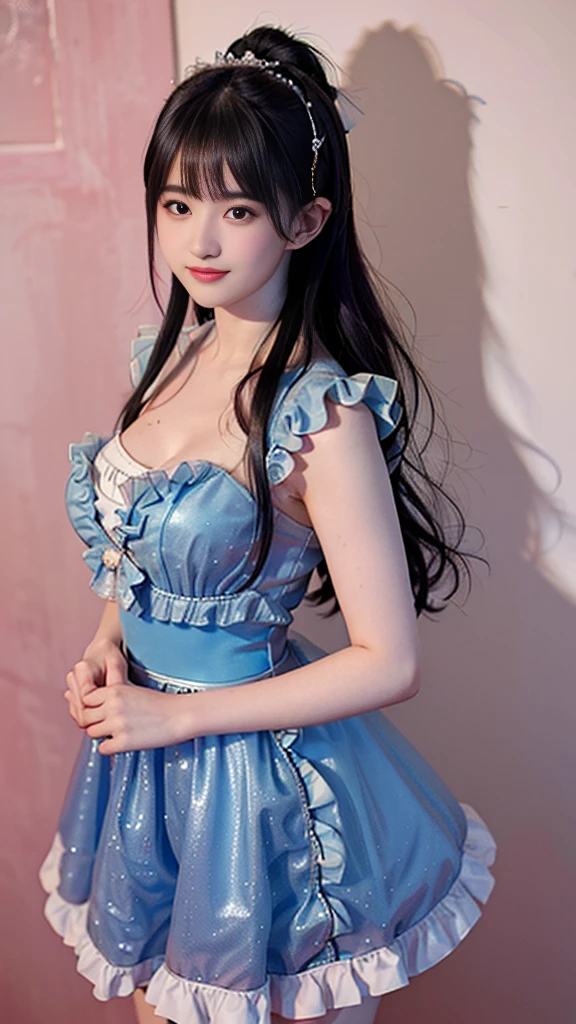 (best quality ,High resolution,masterpiece:1.2), Super detailed, Practical:1.37, (Perfect anatomical structure), seen everywhere,two girls ,Cute and perfect 22-year-old French female idol (Popular 1.3),Smile,natural look, beautiful eyes,Small face, seen everywhere, Detailed facial features, thinning hair, detailed clothing, Beautiful eyes, beautiful lips、Long hair ponytail, (One of them wore a sparkly pink super suit and a frilly mini skirt.:1.3), (Another is、Detail of a blue bodycon sparkly suit and ruffled mini skirt:1.3),((Huge breasts)),((Huge cleavage:1.2)),Short pink hair,