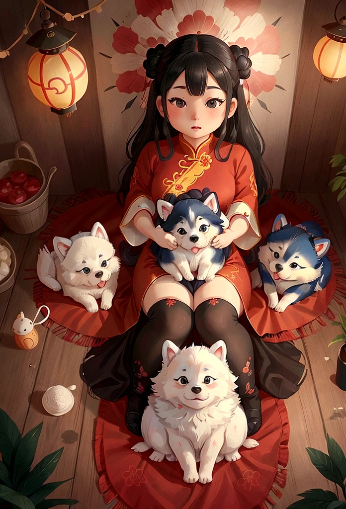 Create a hentai portrait in 4K resolution of a Chinese girl in a red dress with white Siberian Husky puppies. The girl should have an elegant and joyful expression, with her black hair styled naturally or in a traditional fashion. She is wearing a beautiful red dress, possibly a qipao (cheongsam), featuring intricate gold embroidery. The white Siberian Husky puppies, with their striking blue eyes and fluffy coats, are playfully gathered around her. The setting can be a cozy living room or an outdoor garden with traditional Chinese elements, such as lanterns or cherry blossoms. The lighting should be soft and warm, highlighting the harmonious and affectionate scene between the girl and the puppies.