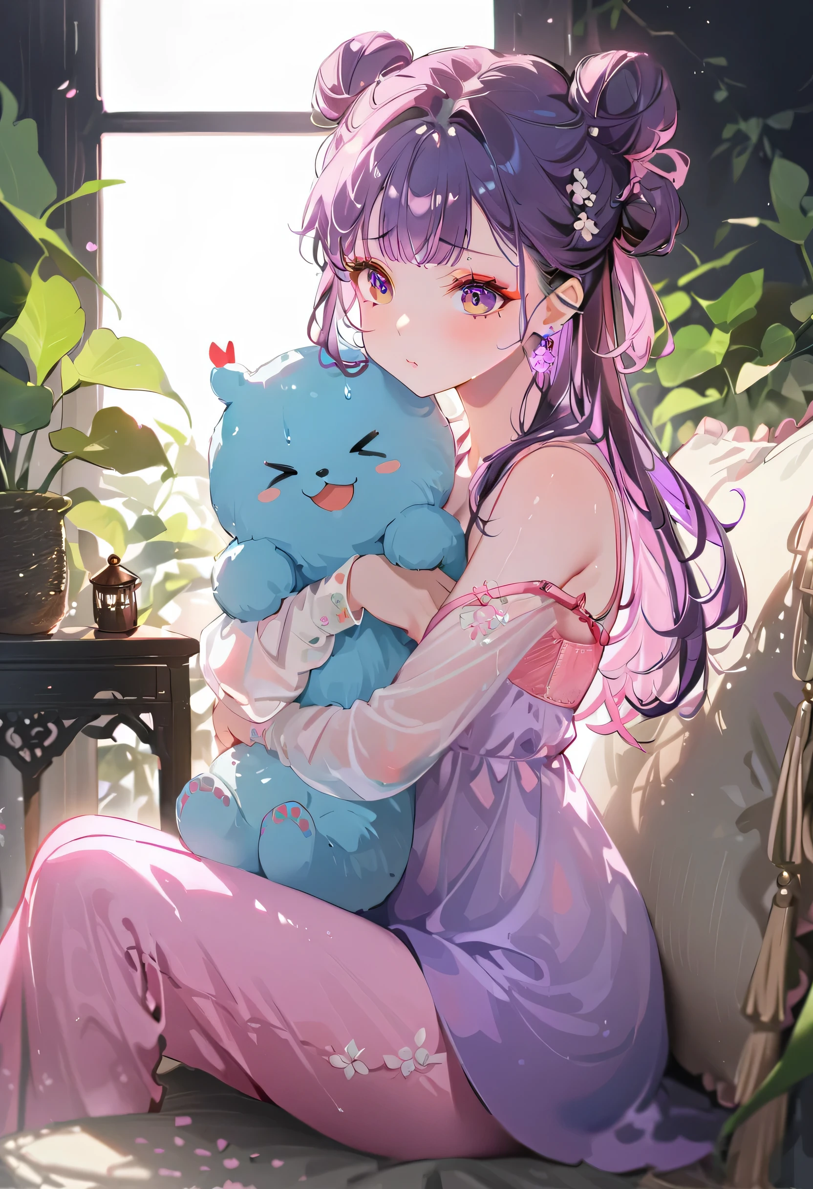 ((Two beautiful girls with perfect faces)),((Two girlaid:1.5),(highest quality,Super detailed,High resolution:1.2),((One is a picture of a girl with purple hair.))、Glass mandarin orange earrings decorate both ears、((One of them is a short-haired redhead wearing a crab hat.))、One of them has ocean pink red eyes、((One of them is a girl with long purple hair in a bun and wearing a tangerine hat.))、One of them has ocean pink purple eyes、very_Long eyelashes, Detailed lips, A radiant smile, Holding hands、Soft Skin, Shiny Hair,Vibrant Background, Natural light,The cutest girl in the world,Exquisite makeup,Pouting、((Hugging on a cushion))、Sit down, long hair、Bun hairstyle Beautiful, translucent white skin、Wet purple dress、Pink underwear is visible、Pink bra is visible through、Pink pants show through、quality\(8K,Highly detailed CG unit wallpaper, masterpiece,High resolution,top-quality,top-quality real texture skin,Super two-dimensional,Increase the resolution,RAW Photos,highest quality,Very detailed,wallpaper,Ray-tracing,Golden Ratio\),[Browsing Caution]