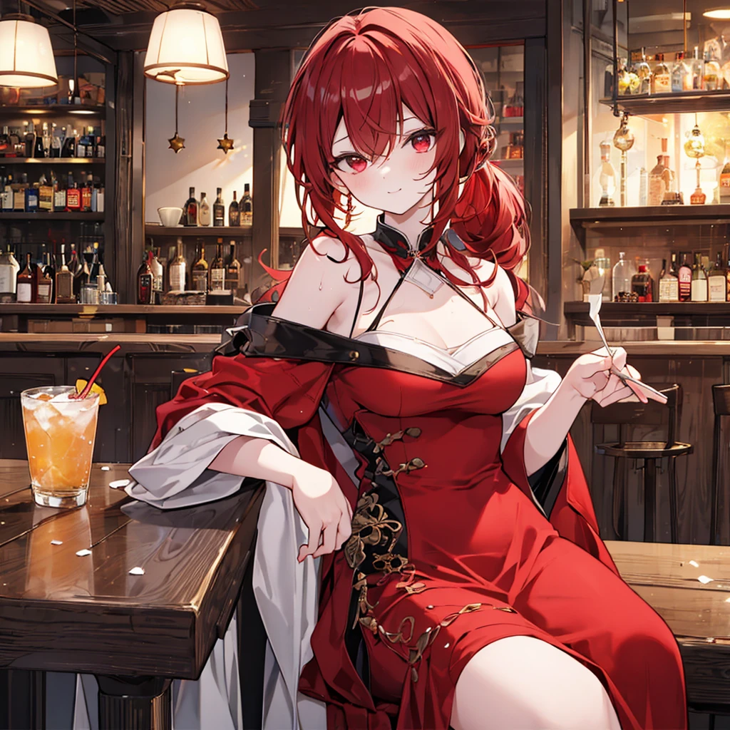 Anime style painting, An illustration, liquor, Woman sitting at a bar drinking a cocktail, 背景の棚には多彩な色のliquor瓶が並んでいる, Quiet bar, Calm expression, Perfect hands, elder, Red Hair, The dignity of a 50-year-old, ほろ酔いのwoman, solo、(Highly detailed background:1.0)、(Highly detailed background:1.0)、masterpiece、Highest quality、(Babes)、Fractal Art、Red eyes、Narrow eyes、Black and red dress, Reddish lips、From the shoulders up、smile、One Woman、Red long ponytail, Curly Hair, Red eyes,Golden accessories, solo, Big Breasts, woman, Take-out, Provocative laughter,40 year old woman,Queen of Sadism, Highly detailed background, Perfect Human Medicine, Sweat,