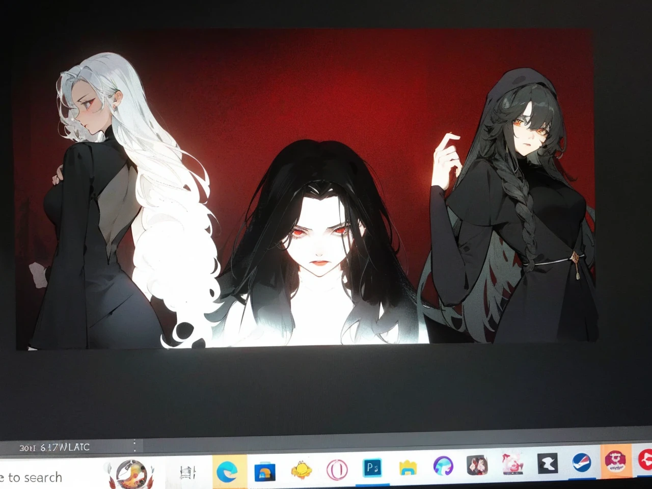 Make an anime poster, has 4 women in it, on the left side a classy dressed beauty with only the colors red and white, has an angelic presence but a demonic personality, she wears a hat on her head and a long mature gown. On the middle, a millitary general with black and white hair, and a blindfold covering her eyes. Behind her in the back, a woman faded in the background, only her eyes red Phoenix can be seen. Finally at the very right side a nun with a blindfold and a church nun fantasy black dress, holding her hands together symbolizing a prayer gesture.