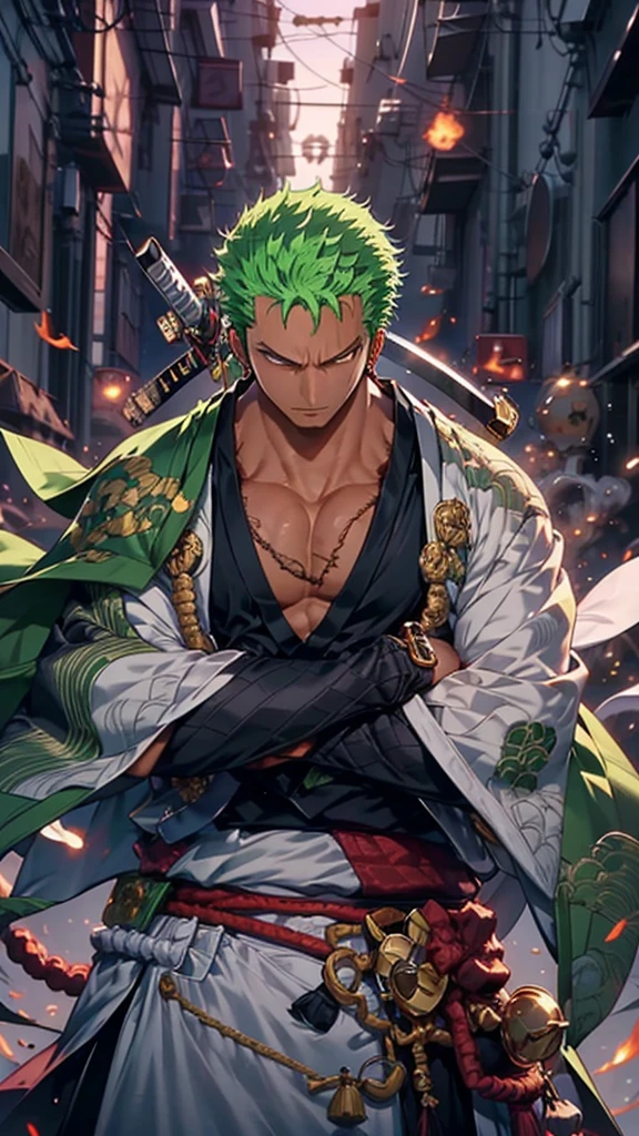Zoro, standing alone, Looking at Viewer, sorrido, short hair, Eyes red, 1st grade, holding, jewelries, upperbody, missiles, male focus, aretes, Japanese clothing, green haired, antlers, elsword, kimono, segurando missiles, from sideways, tatoo, Ablaze, cicatriz, segurando elsword, katana, scar on the face, scar on eye, Detailed muscle physique, photorealistic representation, 4k resolution. Background Story: Martial arts dojo,UHD 32k, best qualityer, master part, super detaill, High details, ((strong man)).