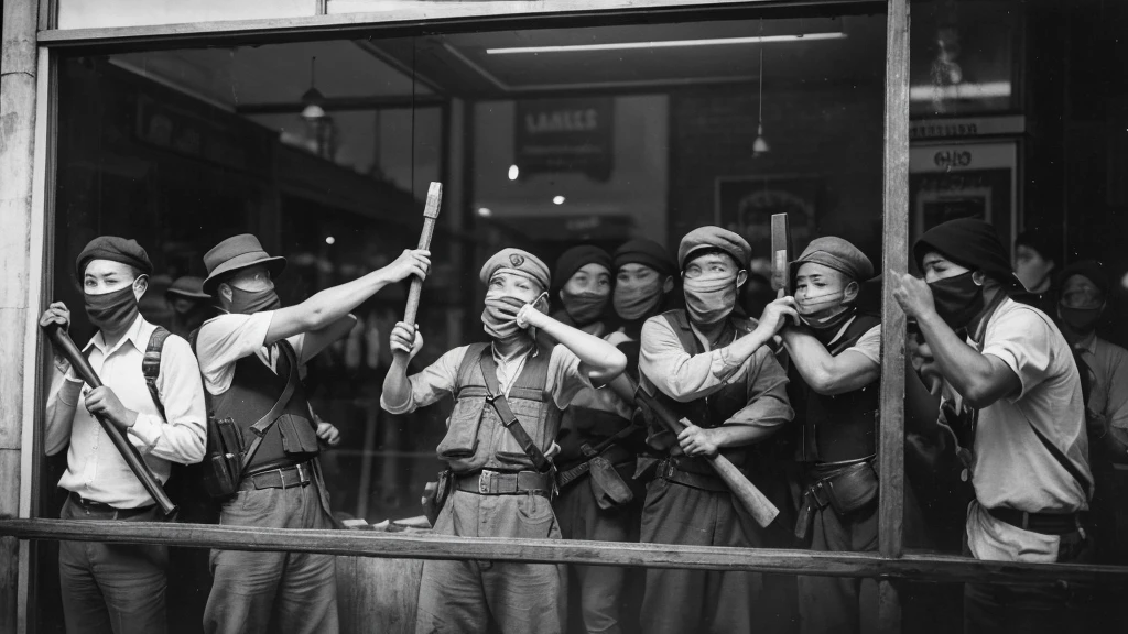 1930s, monochrome photography, A group of terrorists in Southeast Asia, have a hammer, (break a store window), mouth and nose covered with a black bandana, 32K, Best quality, Masterpiece, super detail, High Details,