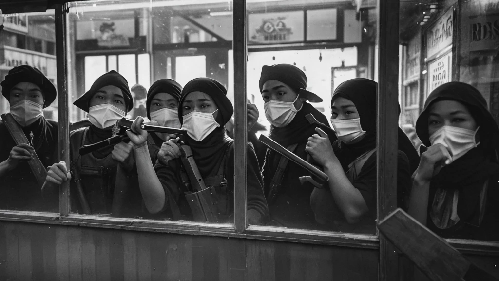 1930s, monochrome photography, A group of terrorists in Southeast Asia, have a hammer, (break a store window), mouth and nose covered with a black bandana, 32K, Best quality, Masterpiece, super detail, High Details,
