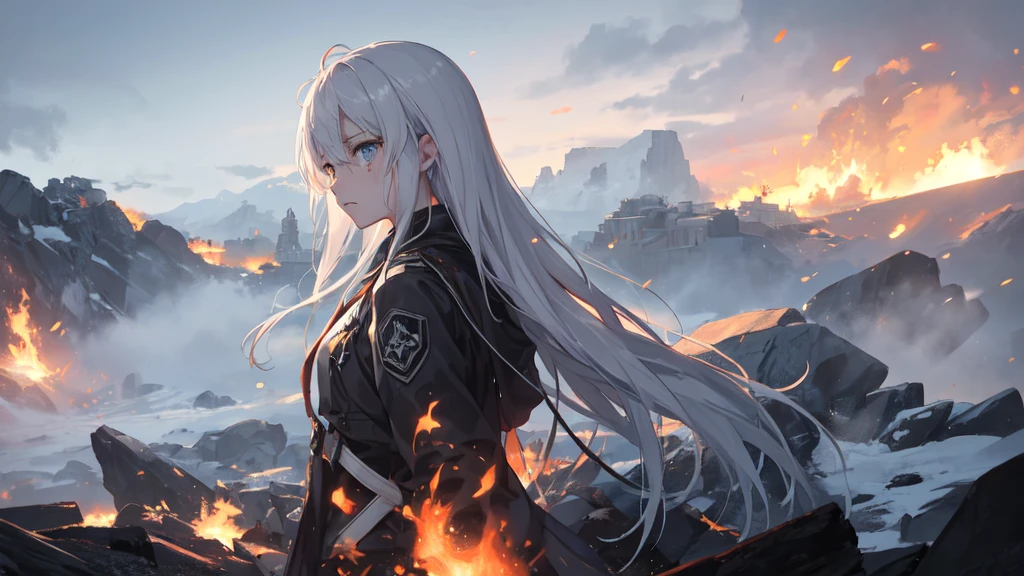 masterpiece:1.2), best quality , 独奏 ,pixiv, anime girl ，long straight white hair , black eyes ,Wearing off-white camouflage uniform ,ten years old，modern battlefield，(Eyes looking into the distance:1.3)，(look away:1.5)，snowy weather，dirty face，The background is a sea of fire with blood on the forehead，dirty face，Backlight，Bare rocky peaks ,Fierce flames are burning，The expression is sad，bullets flying，leave tears