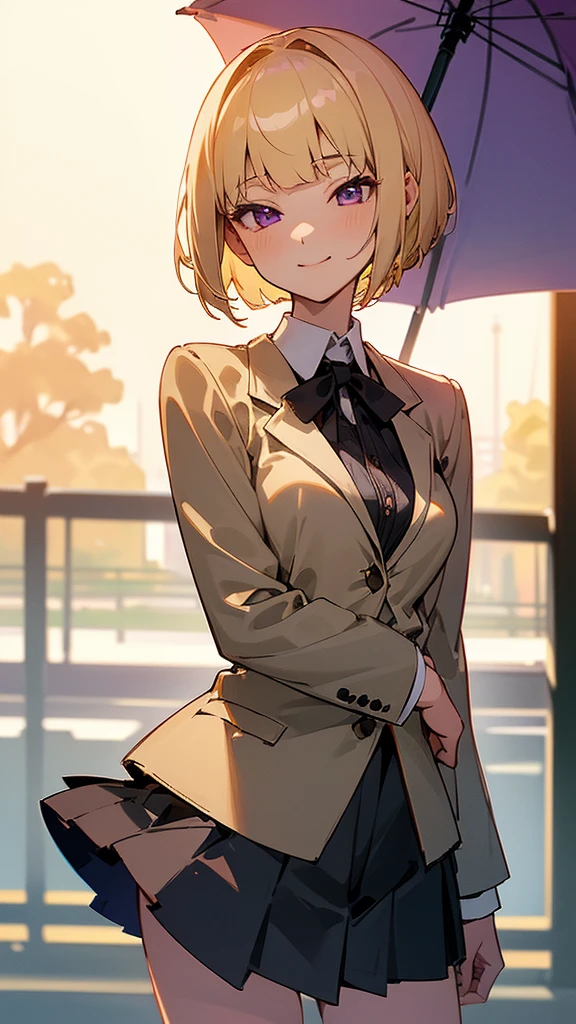 1 Girl、8K、Sharp focus、(Bokeh) (Highest quality) (Detailed skin:1.3) (Intricate details) (anime)、(blonde)、short hair、Bobcut、Blunt bangs、Beautiful purple eyes、Slender body、White shirt、Black mini skirt、Black Fitted Blazer、Side body、Calm face、Mouth closed、Cheeky Smile、Squint your eyes、Park in the background、sunset、Soft lighting.
