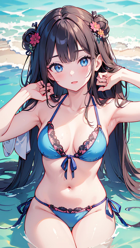 (((masterpiece))),(((High resolution)))、(((perfect face)))、(((Korean beauty))), ((bikini)), look at the camera, ((top quality eyes)), ((high resolution face)), detailed face, (detailed texture)