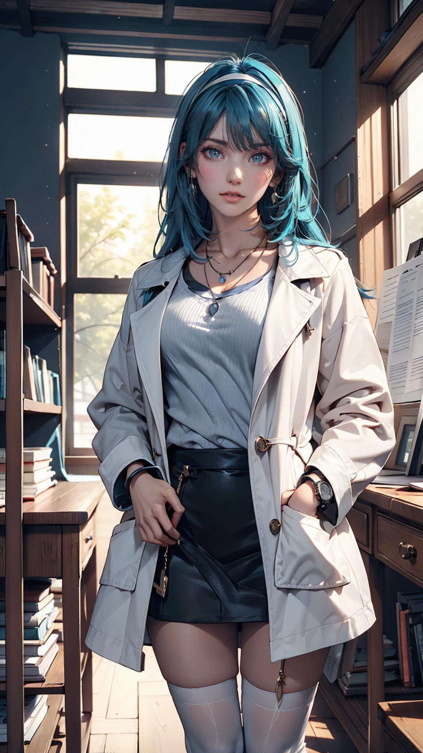 masterpiece, 最high quality, high quality, High resolution, One girl, alone, Aqua (KonoSuba), Blue Hair, Long Hair, blue eyes, White shirt ,Long white coat, Black office skirt, Knee socks, whole body, Are standing, Put your hands in your pockets, boredom, Depth of written boundary, Research Room,Sexy proportions、Sexy、Narrow waist、Attach a necklace、Wear accessories on your wrist、Headband((hairband))、Inner Color((colored inner hair))