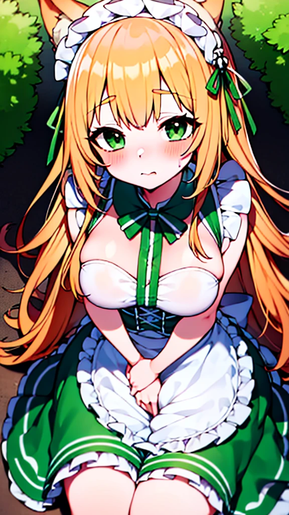 nsfw, 1girl, ((Chiffon from maimai, cosplay)), from above, sleeveless, blonde, Cat ears, green eyes, fox tale, blush, nose blush, pee, peeing, outdoors, (Green maid outfit, Cream white apron),  (best quality, masterpiece,)