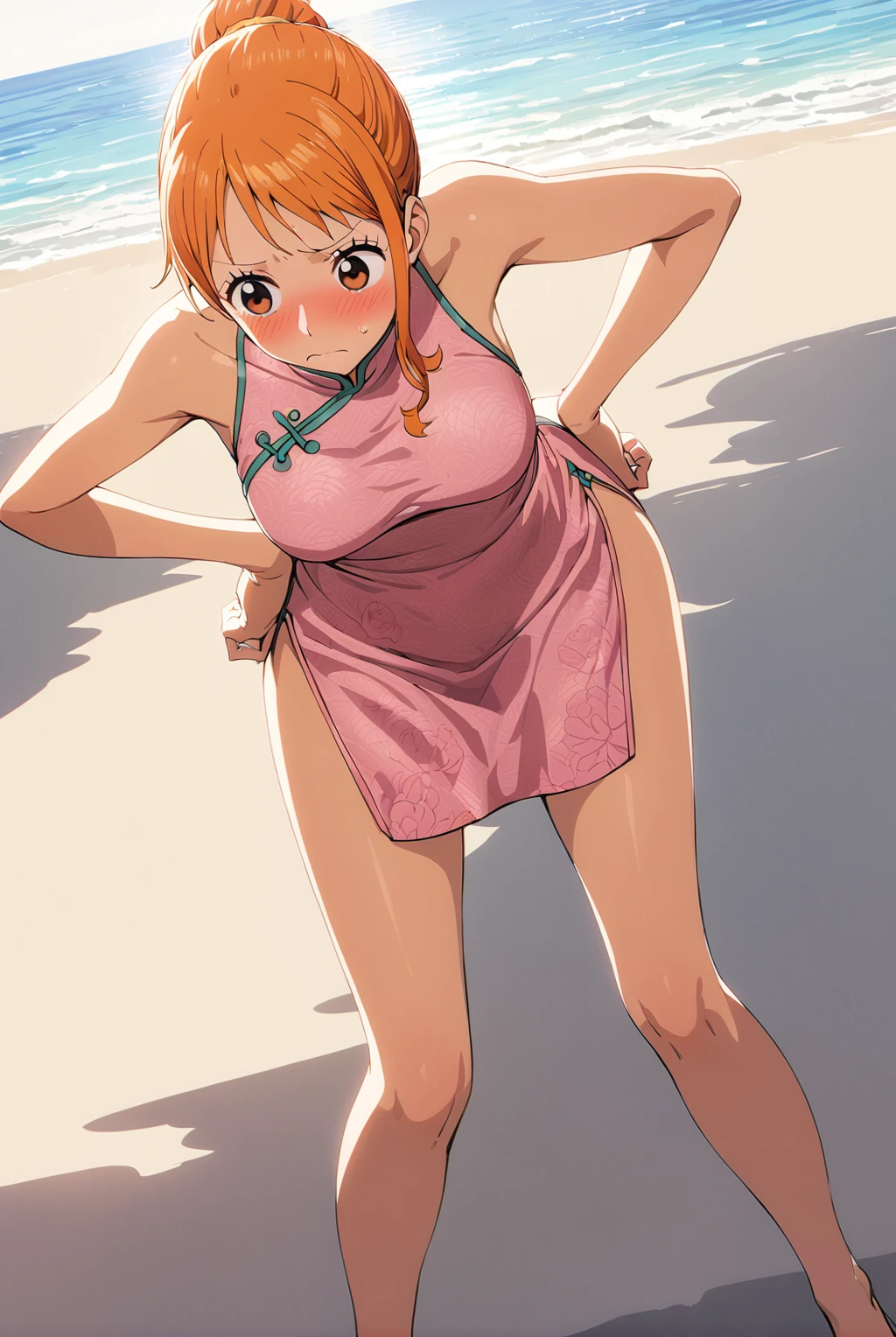 Nami, Nami One Piece, 1girl, solo, shy expression, blushing, 1girl, solo, shy expression, pink cheongsam, floral pattern,  dress,  shoulders, angle of view from legs up, elegant posture, hands on , slightly Bend forward, bent legs, beach background, seaside scenery, sunlight from above, anime style, high reproduction, detailed lines, soft brightness, brightness, high detail, high brightness, complex shadows, textured texture, smooth transitions