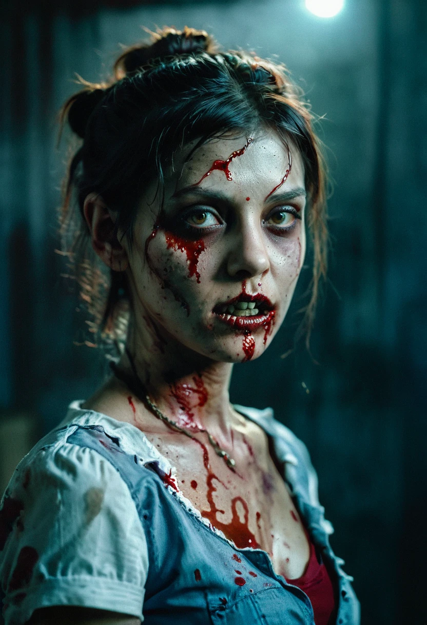 create a realistic image of a zombie girl, her face with blood, half body portrait, dramatic shadow evocative analog film noise, half body portrait, cinematic, movie still, captured in the style of Sony Alpha A7 III camera