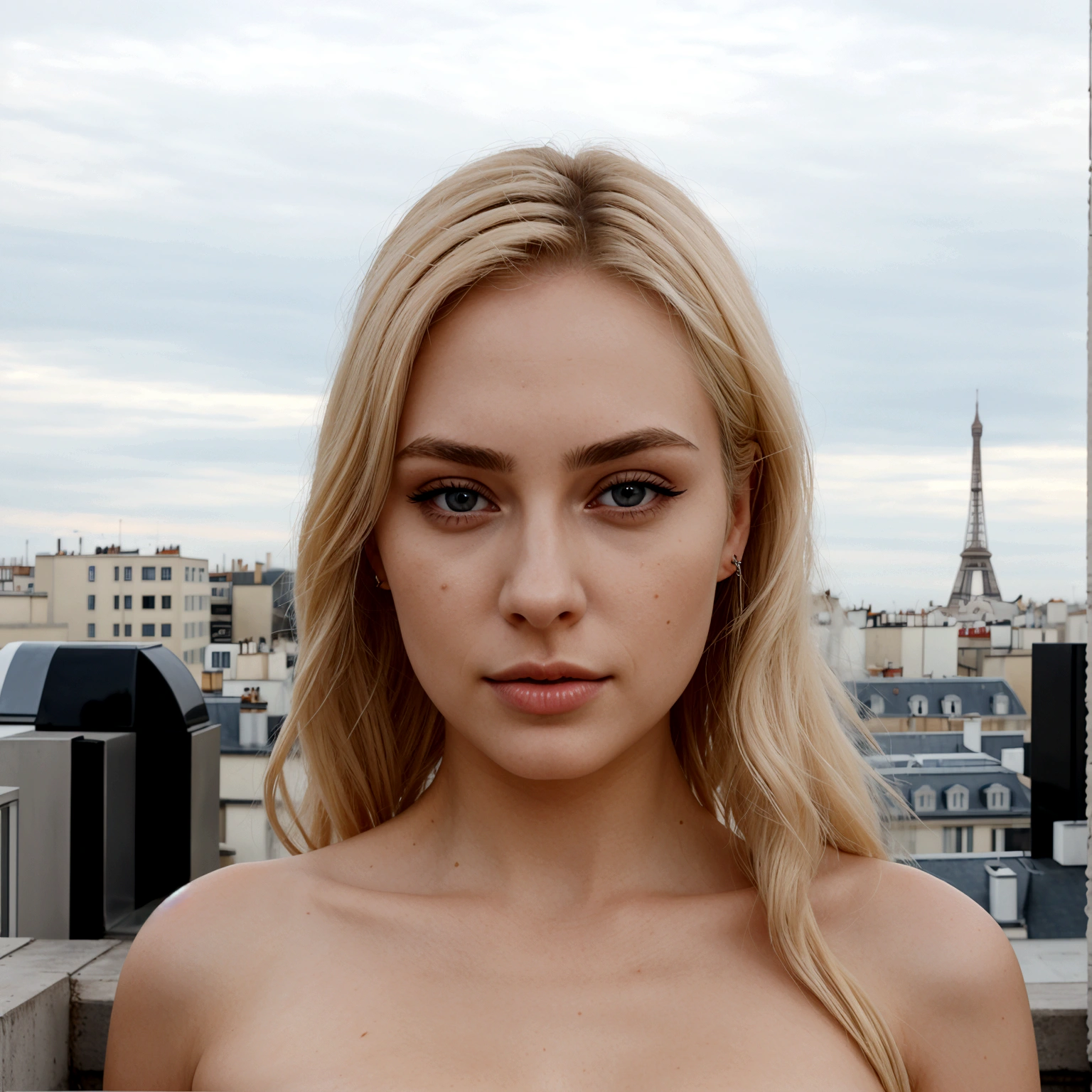 realistic 21 year old blonde woman, long hair, symmetrical eyebrows with normal lips and a thin face, cute, attractive. Devant la tour Effel, with tourists around.