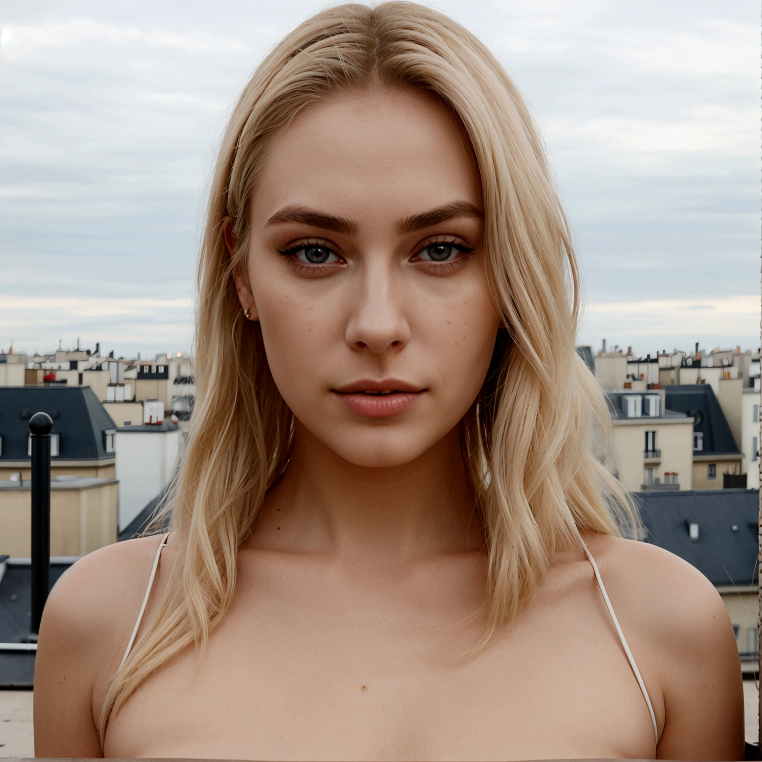 24 year old blonde woman, Longhaire, symmetrical eyebrows with beautiful lips and a slim face on a Parisian rooftop