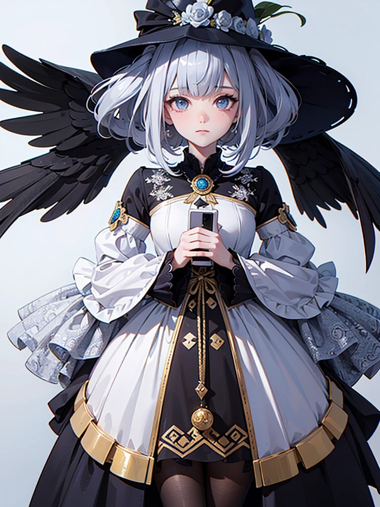 ((masterpiece)), (Highest quality))), (Character design sheet, National costume, same characters, front, ~ side, return), figure, 1 girl, whole body, Silver Hair, eyes hair, Beautiful Eyes, Princess Cut, Environmental change scene, Short skirt, Shyness, woman, girl, Are standing, Goth , VTuber, Chartern Betarola, (simple returnground, white returnground: 1.3) ( masterpiece:1.2), (Highest quality:1.3)