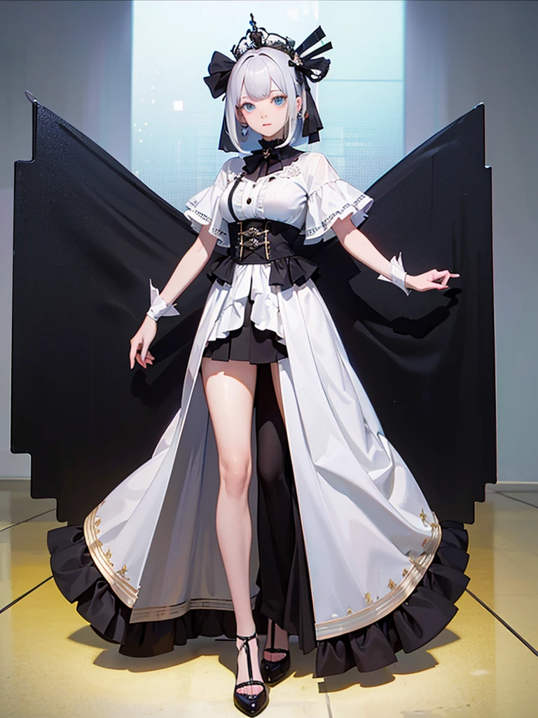 ((masterpiece)), (Highest quality))), (Character design sheet, National costume, same characters, front, ~ side, return), figure, 1 girl, whole body, Silver Hair, eyes hair, Beautiful Eyes, Princess Cut, Environmental change scene, Short skirt, Shyness, woman, girl, Are standing, Goth , VTuber, Chartern Betarola, (simple returnground, white returnground: 1.3) ( masterpiece:1.2), (Highest quality:1.3)