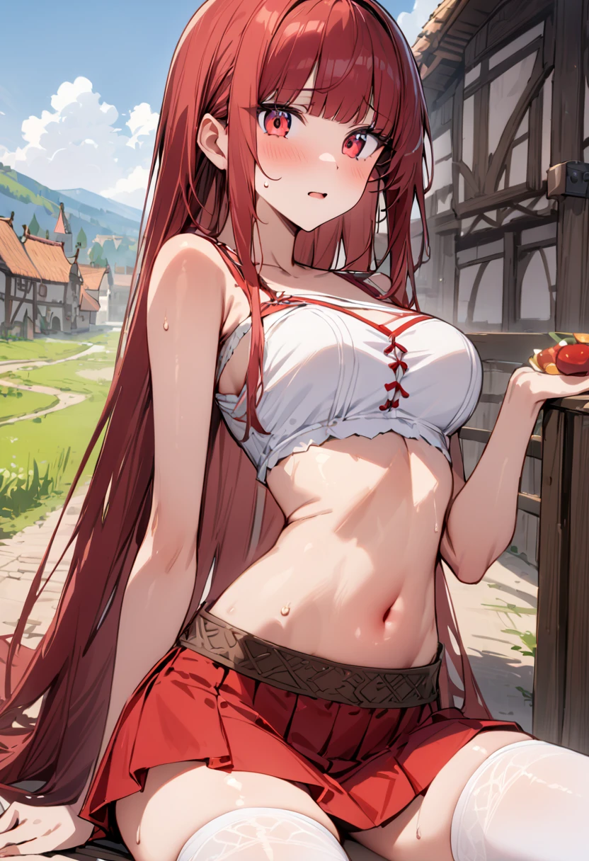 ((masterpiece,Highest quality:1.3)),1woman,30 year old beauty,独奏,((very small head:1.3)),red hair,long hair,blunt bangs,red eyes,gorgeous eyes,shy,medium breasts,((very long body:1.3)),((toned body,slender body,)),skinny,gleaming skin,shiny skin,sweat,((Red pleated mini skirt)),(White tube top、navel、bara shoulder, white_thighhighs),((Red mini skirt))、Casual wear、sitting,rural area、sunny、Medieval Europe、