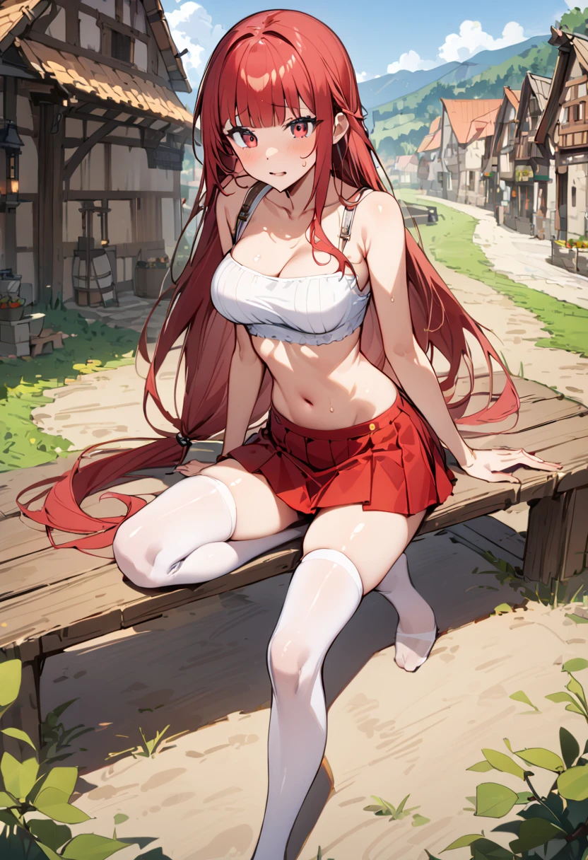 ((masterpiece,Highest quality:1.3)),1woman,30 year old beauty,独奏,((very small head:1.3)),red hair,long hair,blunt bangs,red eyes,gorgeous eyes,shy,medium breasts,((very long body:1.3)),((toned body,slender body,)),skinny,gleaming skin,shiny skin,sweat,((Red pleated mini skirt)),(White tube top、navel、bara shoulder, white_thighhighs),((Red mini skirt))、Casual wear、sitting,rural area、sunny、Medieval Europe、