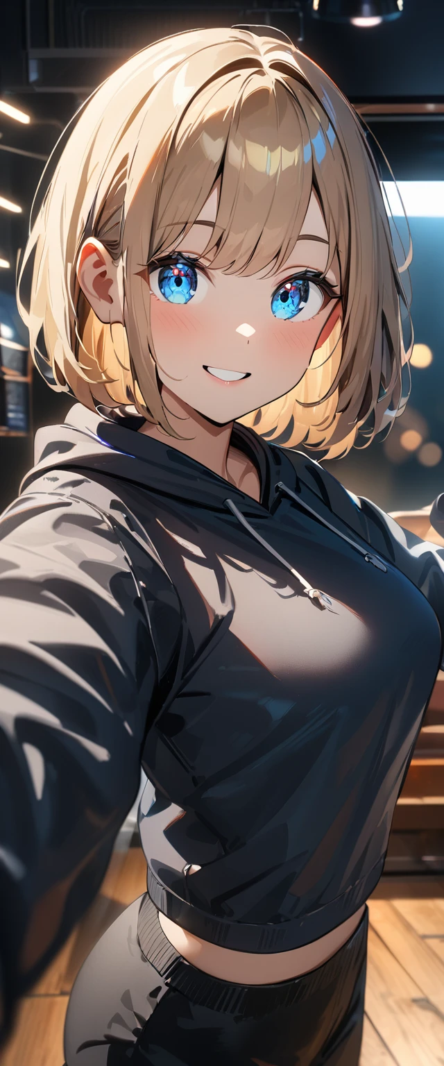 (((One girl))), blond hair, bob cut, from front, from above, Emphasize the cleavage, Seductive pose, looking at viewer, ((upper body)), reaching, ((blush)), open mouth, tongue out, wide-eyed, rolling eyes, rape face, heart-shaped pupils, saliva, ((sweat)), ((steam)), ((nervous)), black hoodie:1.3, black shorts:1.3, anime style, (best quality, 4k, 8k, highres, masterpiece:1.2, ultra-detailed, ultra-detailed eyes, HDR, UHD, studio lighting, ultra-fine painting, sharp focus, physically-based rendering, extreme detail description, professional, vivid colors, bokeh)