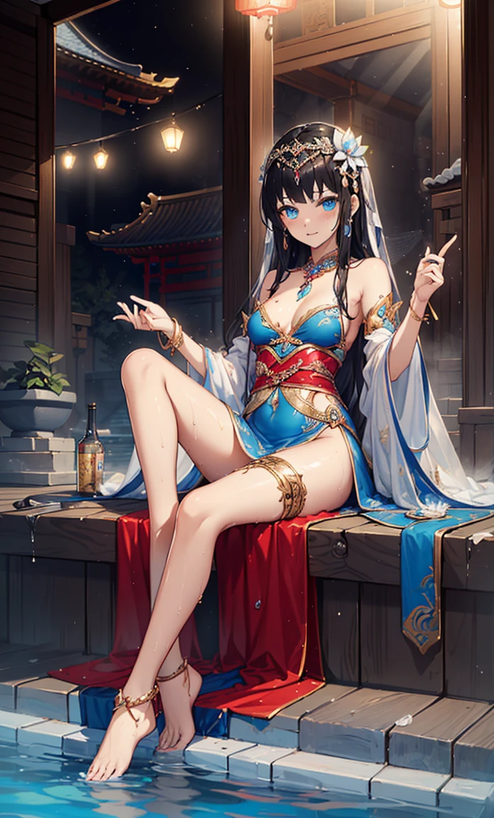 Top quality，Optimal resolution，Princess of an exotic fantasy world，(Wet Princess Dress），Design intricate clothes，blue eyes，Elegant and attractive，((temple，pool，Mist)，Leg ring，Anklets，night，Small Lighting，Glamorous pose，elaborately designed clothes，Beautifully decorated，Water Lily，Garter