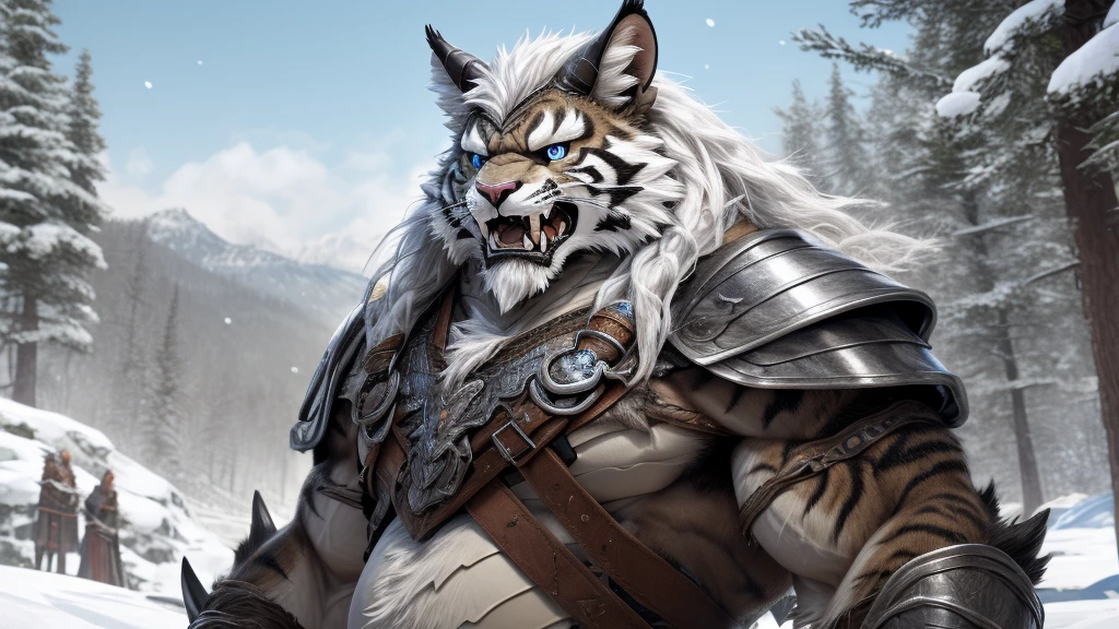 head、Animal cat face、A pair of dragon horns，Full body of fluffy white hair、Heavy breathing、Gnashing of teeth,Serious expression,Fluffy belly、Leather Armor，Viking style，wildcat、blue eyes，(contour）Full body covered with long white hair、Hairy body、Long and thick armpit hair、Fangs、4K，Black and white photo tree background，Snow Scene，Sharp claws、Capture the composition of the whole body、 Holding a sword in his right hand，左手拿着斧head