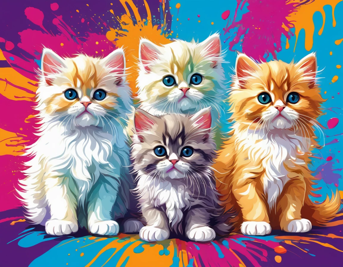 Vector Art, Colorful illustration with lots of cute Persian kittens, In the center, Vibrant colors, Paint splatters and stains, High Detail,Hawaiian style background