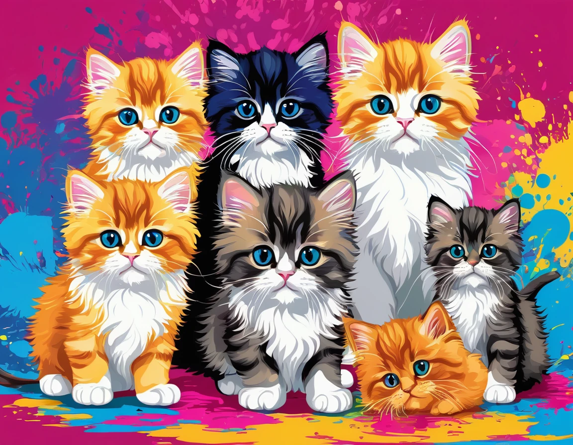 Vector Art, Colorful illustration with lots of cute Persian kittens, In the center, Vibrant colors, Paint splatters and stains, High Detail,Hawaiian style background
