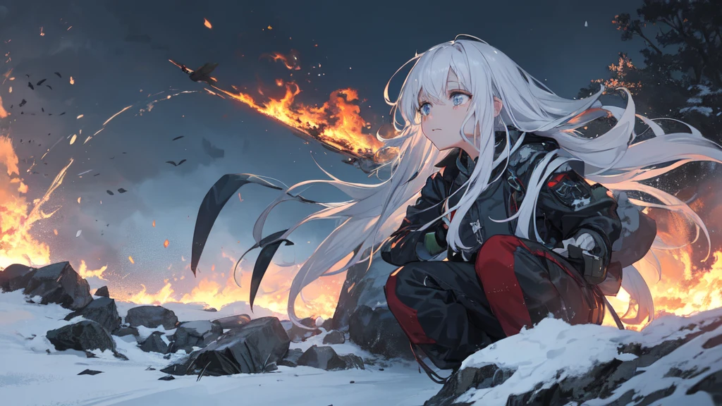 masterpiece:1.2), best quality , 独奏 ,pixiv, anime girl ，long straight white hair , black eyes ,Wearing off-white camouflage uniform ,ten years old，modern battlefield，(Eyes looking into the distance:1.3)，(look away:1.5)，snowy weather，dirty face，The background is a sea of fire with blood on the forehead，dirty face，Backlight，Bare rocky peaks ,Fierce flames are burning，The expression is sad，bullets flying，leave tears