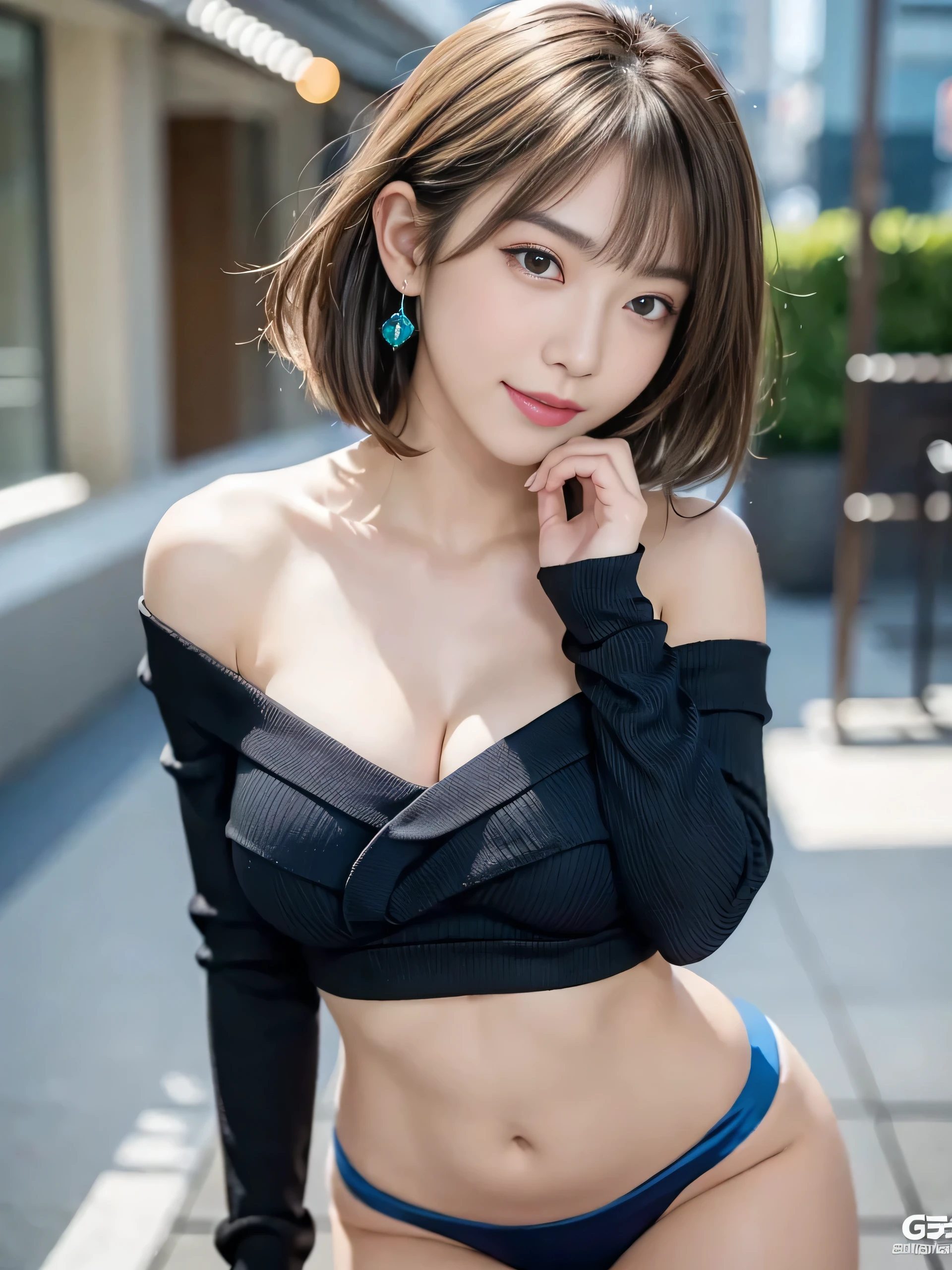 (An 18-year-old Japanese black gal who is just the right type to build a friendship with), (Cleavage:1.5), (Black Theme:1.4), (Vibrant colors:1.3), (Black sweater:1.4), (Long sleeve:1.3), ((Off the shoulder, belly button, Stomach):1.3), (Black Theme:1.3), (Very detailed ((Blue Diamond)) Earrings:1.4), RAW Photos, Realistic:1.6, quality:1.5, 8K, masterpiece:1.3, Ultra-high resolution:1.0, Sharp focus:1.2, (Big Breasts:1.5), Beautiful woman with perfect figure, Highly detailed face and skin texture, fine grain, double eyelid, (kuro-gyaru makeup:1.2), Perfect facial balance, (smile:1.1), ((Silver short hair:1.2), Beautiful studio soft light,8K、RAW Photos、highest quality、masterpiece:1.2)、(Realistic、Realistic:1.37)、One Girl、Japanese、Age 25、woman、Pool、splash、Natural soft light、Photon Mapping、Radio City、Dark brown hair、Detailed face、Detailed lips、Detailed Iole Skin、double eyelid、(GカップのBig Breasts:1.4)、((Very sexy white tiny micro bikini))、((Wet swimsuit:1.1))、(Protruding nipples:1.2)、(Camel Toe)、Perfect body、(Glamorous Body:1.1)、Glowing Skin、Laughter、model pose、Cowboy Shot、Make eye contact with the camera、Short Hairstyles、(((A little thick)))、(((Huge breasts)))
