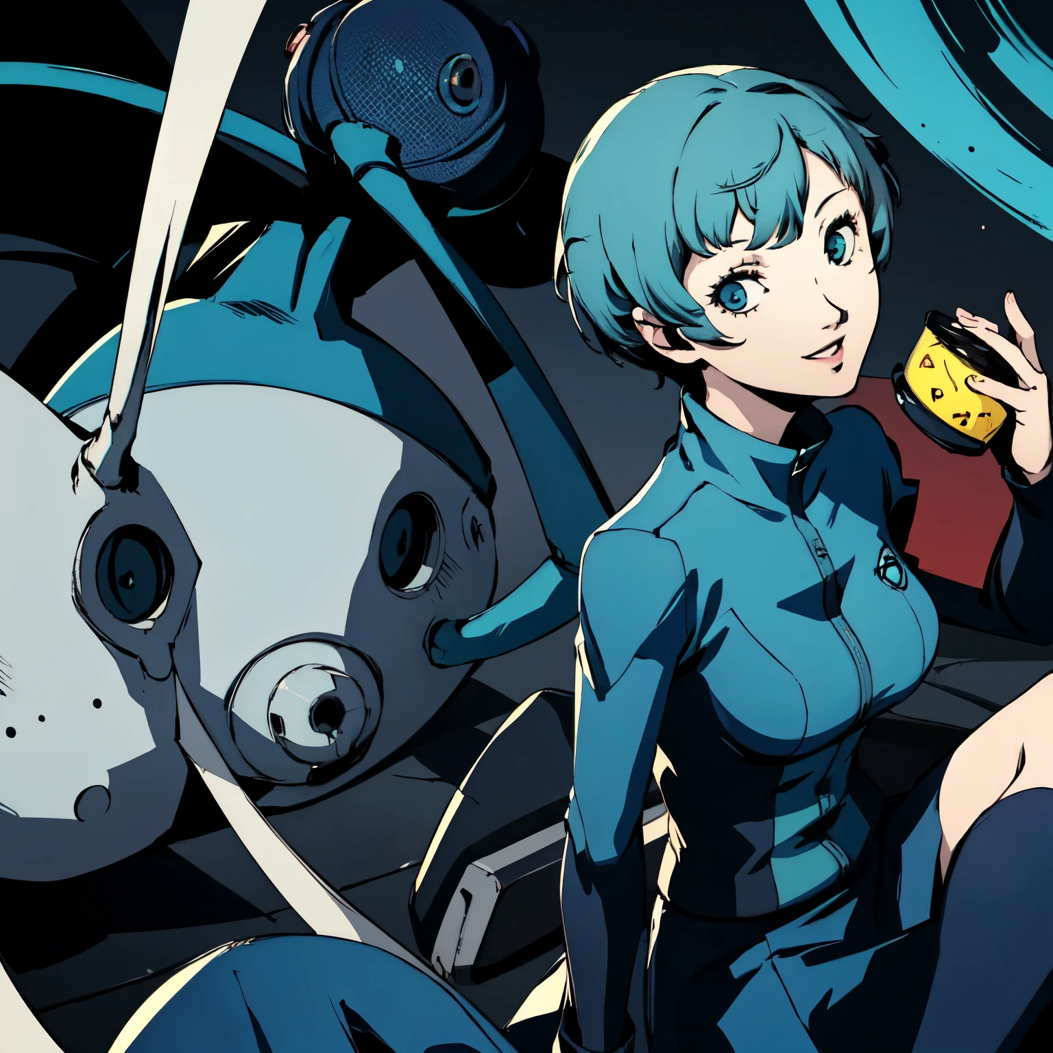 ((P3 Yamagishi Fuuka)),masterpiece, ((best quality)),((1 girl)), blue eyes, light aqua hair, female , tomboy Pixie haircut, deep blue suit,smiling,hacker,in the,dark room,sitting,looking monitor,long skirt,bimbo
