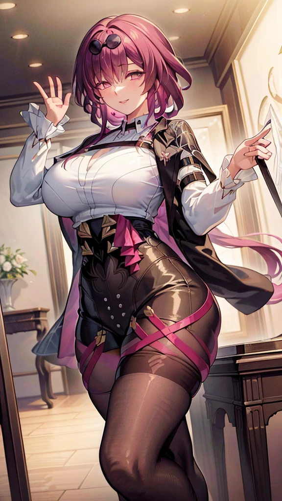 ((masterpiece)),((Highest quality)),High resolution,Extremely detailed CG,Perfect lighting,8k wallpaper, One Girl,Purple Hair,Very long hair、Very large breasts、Very big ass、Very thick legs、Smiling、、tights