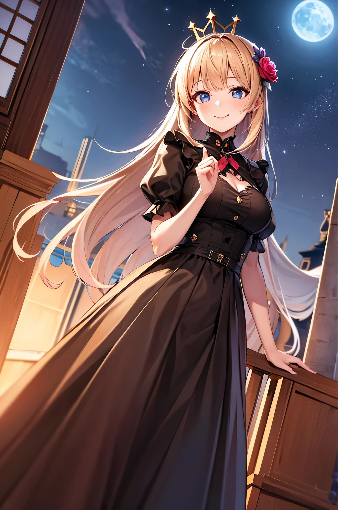 Highest quality, expensive_solve, clear_image, Detailed Background ,girl, Random wear,flower, Night Sky,Dutch Angle, Wide Shot,A shy smile, Crown,  