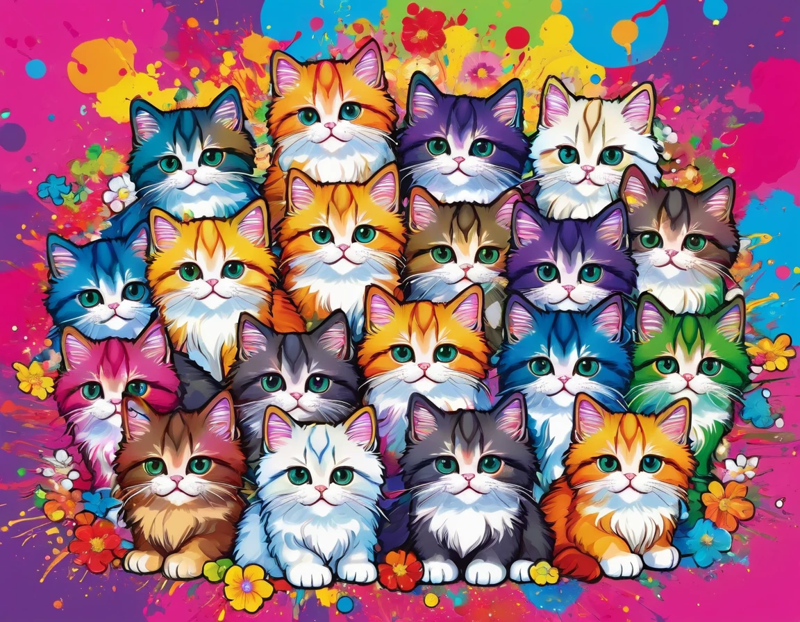 Takashi Murakami style, Colorful illustration with lots of cute Persian kittens, In the center, Vibrant colors, Paint splatters and stains, High Detail,Hawaiian style background