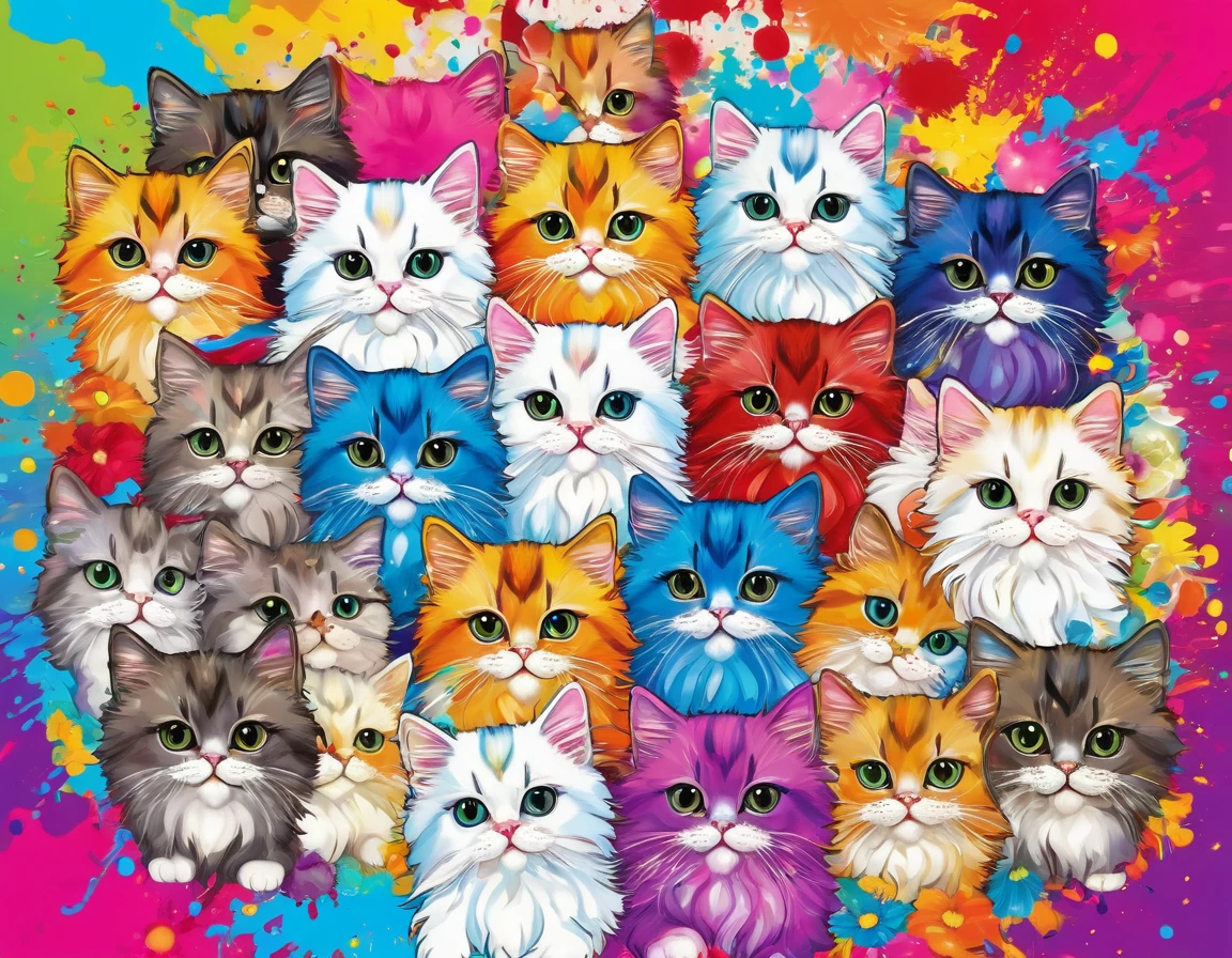Takashi Murakami style, Colorful illustration with lots of cute Persian kittens, In the center, Vibrant colors, Paint splatters and stains, High Detail,Hawaiian style background