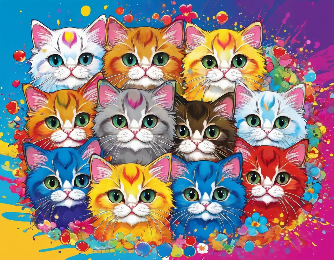 Takashi Murakami style, Colorful illustration with lots of cute Persian kittens, In the center, Vibrant colors, Paint splatters and stains, High Detail,Hawaiian style background