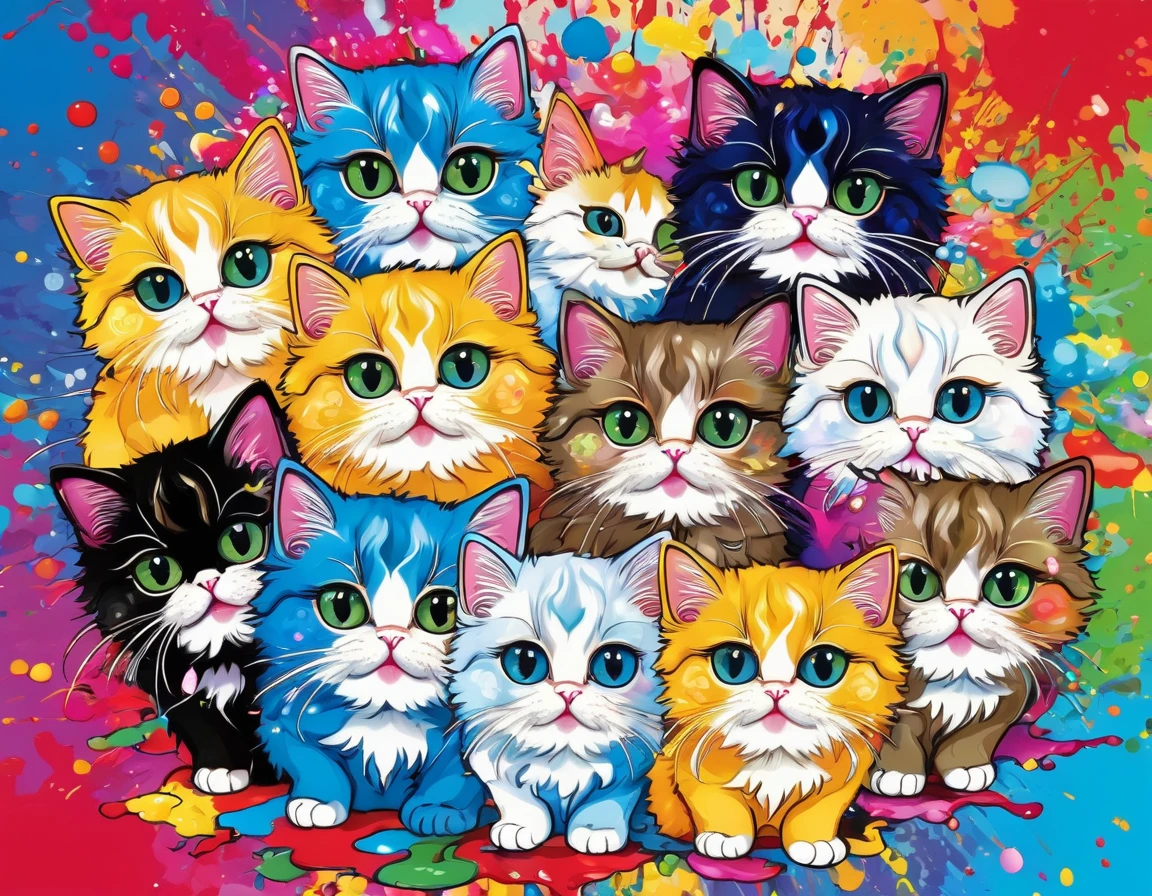 Takashi Murakami style, Colorful illustration with lots of cute Persian kittens, In the center, Vibrant colors, Paint splatters and stains, High Detail,Hawaiian style background