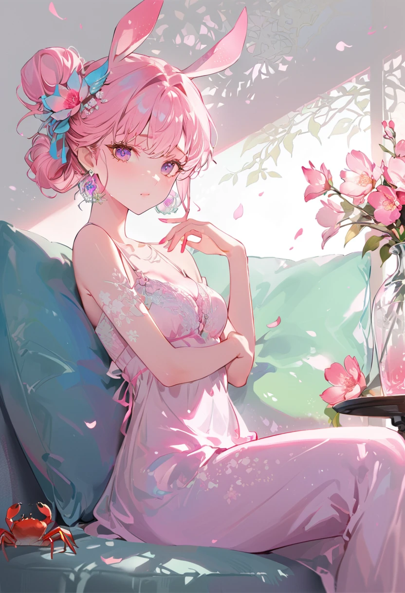 ((Two beautiful girls with perfect faces)),((Two girls))、(Maid:1.5),(最高quality,Super detailed,High resolution:1.2),((One is a picture of a girl with purple hair.))、Glass mandarin orange earrings decorate both ears、((One of them is a short-haired redhead wearing a crab hat.))、One of them has ocean pink red eyes、((一人は蜜柑の帽子を被った紫髪のlong hairのお団子少女))、One of them has ocean pink purple eyes、very_Long eyelashes, Detailed lips, A radiant smile, Holding hands、Soft Skin, Shiny Hair,Vibrant Background, Natural light,The cutest girl in the world,Exquisite makeup,Pouting、((Hugging on a cushion))、Sit down, long hair、Bun hairstyle Beautiful, translucent white skin、Wet purple dress、Pink underwear is visible、Pink bra is visible through、Pink pants show through、quality\(8K,非常に精細なCGユニットのwallpaper, masterpiece,High resolution,top-quality,top-quality real texture skin,Super two-dimensional,Increase the resolution,RAW Photos,最高quality,Very detailed,wallpaper,Ray-tracing,Golden Ratio\),[Browsing Caution]