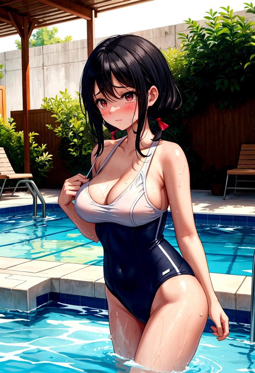 School Swimsuit Pool Black Hair Shortcuts Beautiful breasts Holding back tears locker room Change of clothes