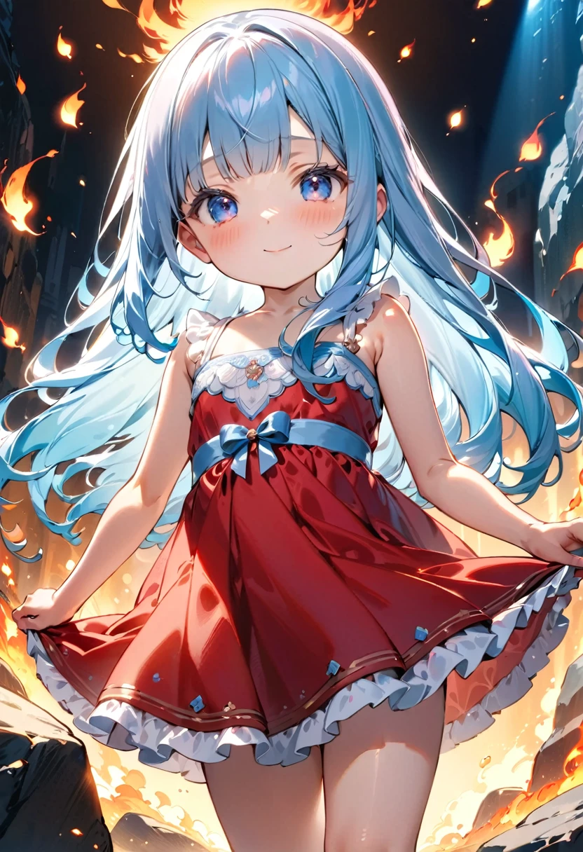 masterpiece, best quality, extremely detailed, (illustration, official art:1.1), 1 girl ,(((( light blue long hair)))), ,(((( light blue long hair)))),light blue hair, ,10 years old,loli, long hair ((blush)) , cute face, big eyes, masterpiece, best quality,(((((a very delicate and beautiful girl))))),Amazing,beautiful detailed eyes,blunt bangs((((little delicate girl)))),tareme(true beautiful:1.2), sense of depth,dynamic angle,,,, affectionate smile, (true beautiful:1.2),,(tiny 1girl model:1.2),)(flat chest),(circle:1.2), , (1girl), (solo), masterpiece, best quality, ultra detailed, highres, super fine illustration, 8k, anime screencap, detailed beautiful face and eyes, fantasy, full body, (Red dress), cinematic lighting, intricate skirt, 
((flying fire sparks)), rock, non cloud sky, sunlight, sun, Flame Effects, furious, 