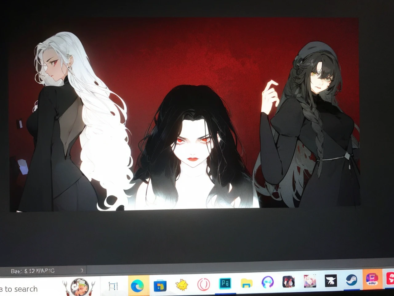 Make an anime poster, has 4 women in it, on the left side a classy dressed beauty with only the colors red and white, has an angelic presence but a demonic personality, she wears a hat on her head and a long mature gown. On the middle, a millitary general with black and white hair, and a blindfold covering her eyes. Behind her in the back, a woman faded in the background, only her eyes red Phoenix can be seen. Finally at the very right side a nun with a blindfold and a church nun fantasy black dress, holding her hands together symbolizing a prayer gesture.