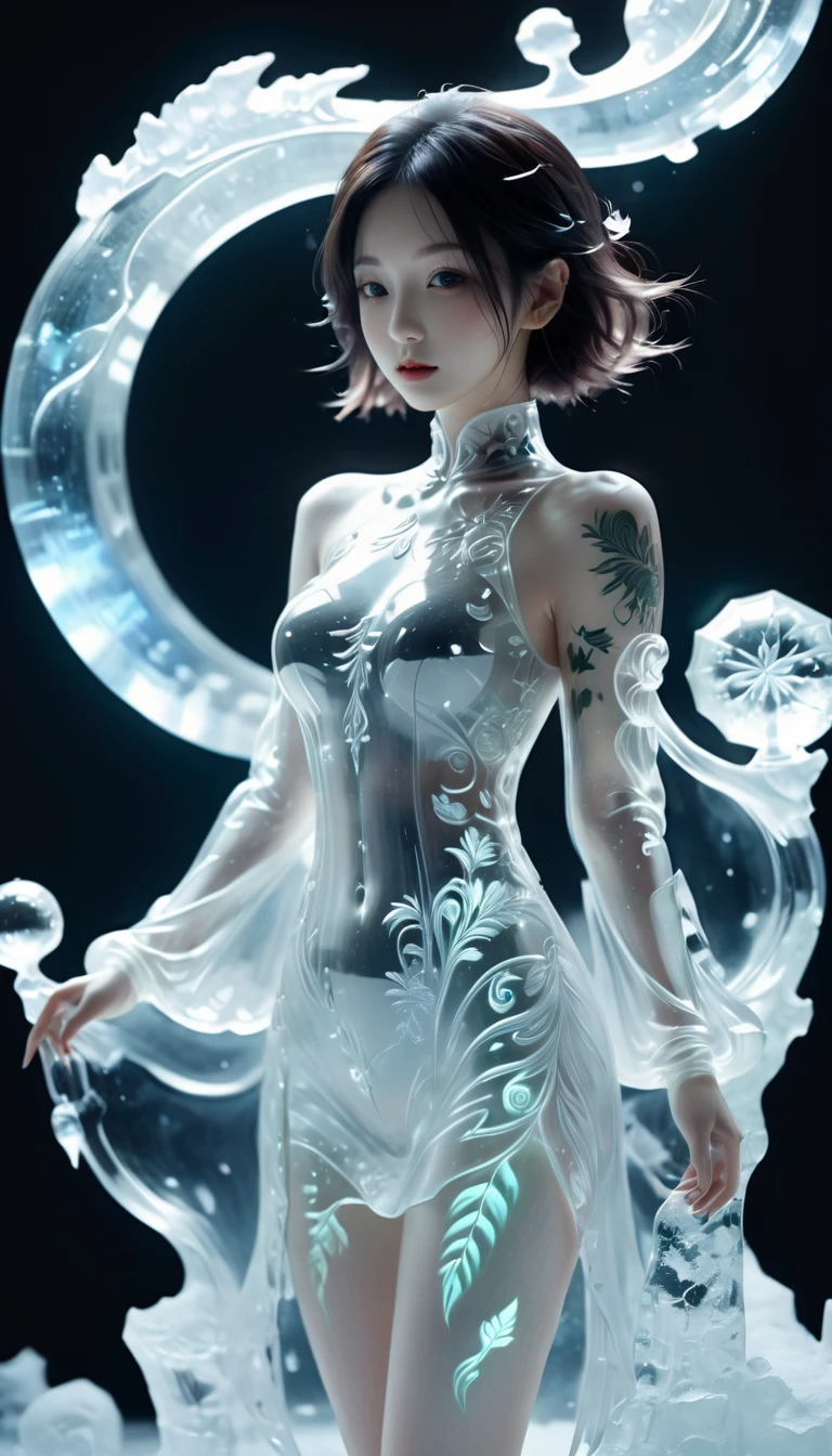 wallpaper，32k，Real shot，Ice Sculpture,A girl made of 冰,Solitary,transparent,slim,In winter,Set,
Minimalism, Clear lines,(Double contact:1.5),Exquisite ornaments,Kuinji,(Upper thigh shot:1.3),full-body shot,Low angle shot,(Tattoo:1.3),Tyndall effect,Soft Focus,4K,Acid Graphics,Plant 1girl,Fantasy Art,[Detailed and vivid face:0.33],[Outerwear dress:0.15],[Hips:0.4],masterpiece,(trash-polka Tattoos:1.4),(Translucent luminous body:1.3),Simple design,Silhouette of a beautiful woman and a glowing,Shadow World,精妙绝伦的艺术masterpiece,((White background 1.5)),
