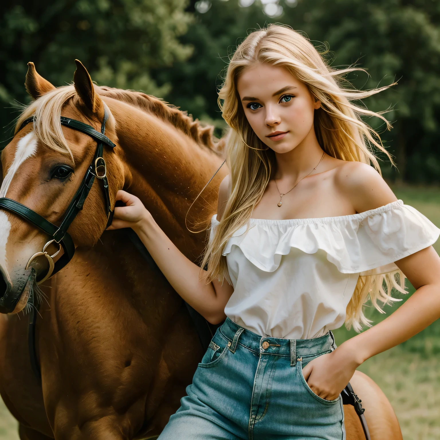 1girl, 18 years old, blonde hair, green eyes, long hair, messy hair, riding on horse, off shoulder, best quality,
