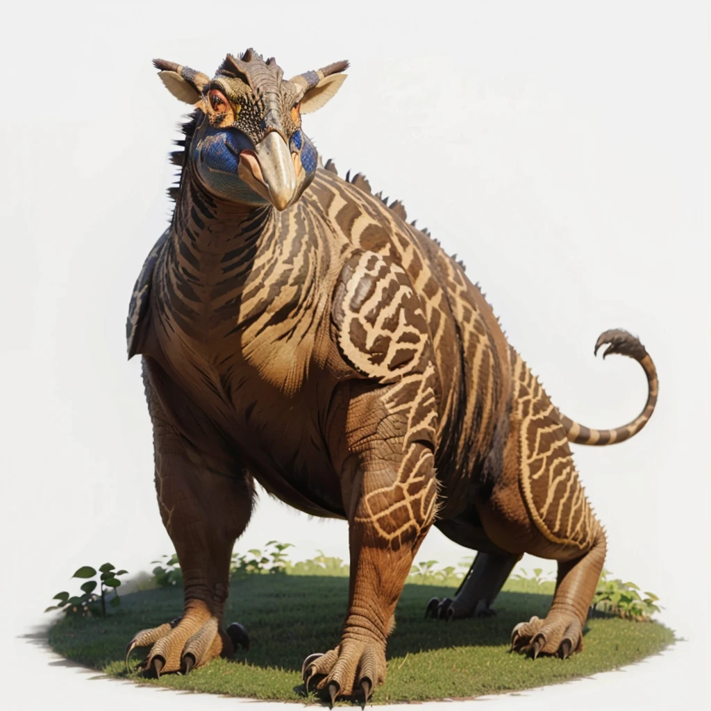 Big Animaly, has grees stripes on his skin, golden eyes, cassowary mixed with stegosaurus, Grassroots, no background