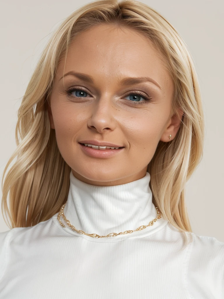 Blonde Ivana Sugar wearing a pure white ribbed turtleneck top and diamond necklace, long high tight turtleneck, long hair put up in a very messy bun