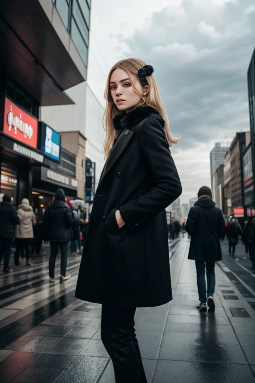 Cynthia,Long blonde hair, hair ornaments, Hair on one eye, Grey Eyes, Black coat, Black trousers,Fur collar, View your viewers, Severe, Are standing, Medium Shot, outside, city, city場, crowd, cloudy, winter, high quality, masterpiece,  