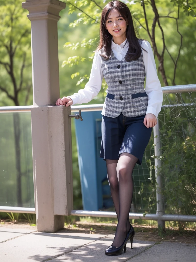 Ulchan-6500-v1.1, (RAW photo:1.2), (Photoreal), (genuine:1.4), 1girl、perfect anatomy、48 years old、look at the camera、medium long hair、Plaid vest、((walk in the park:1.1))、(super realistic pantyhose:1.2), (high heels)、(business services)、((full body shot:1.2))、(very affectionate smile:1.2)、peeing self, wetting her clothes, can't hold her pee face, wetting herself desperate, pee desperation pose, her body can't hold her pee and wets herself ultra desperate in the middle of the cicty in absolute desperaton wetting herself, pee runing down her legs, standing up, hyper pee desperate face, big pee pudle