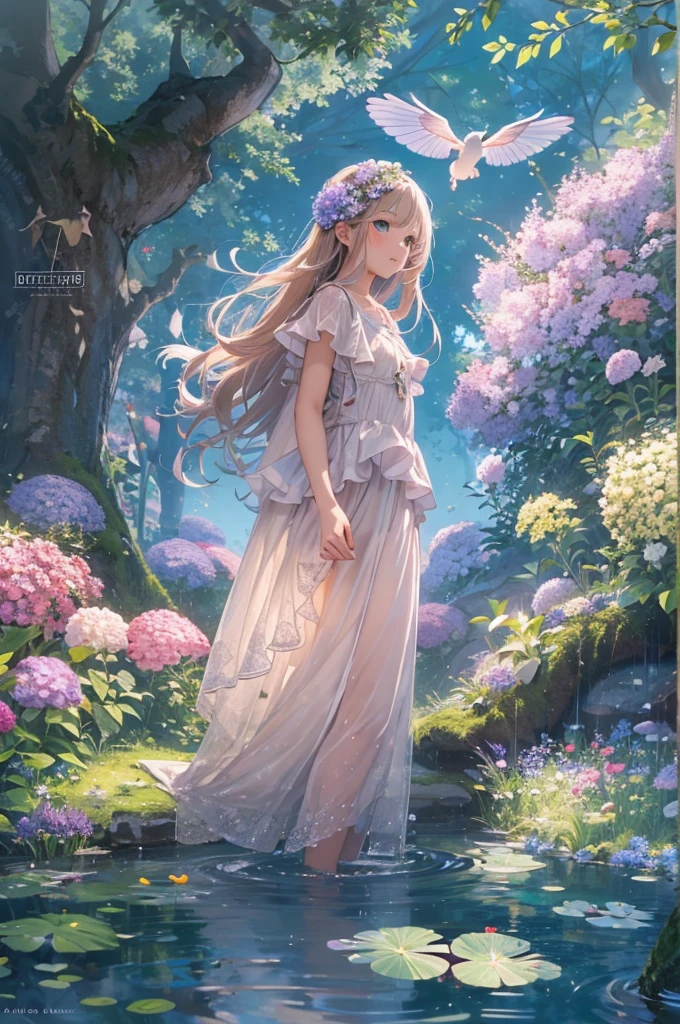 nsfw,(best quality, masterpiece, ultra highres, ultra-detailed:1.2) , (a tween girl wearing hydrangea pattern clothes),detailed face,walking at park,A dreamy, fairy-tale-like atmosphere. Based on soft light and pastel colors.A flower garden full of beautiful flowers. There are large ancient trees with small lanterns hanging from their branches. There are ponds and streams, and the water is clear and emits a magical blue light. There are small rainbows and fantastic cloud shapes floating in the sky.The entire space is enveloped in warm tones by the soft light of the morning sun and sunset. Adds the effect of dancing light particles. Emphasizes the light reflected on the water surface and trees, creating a sparkling effect.depth o field,portrait,