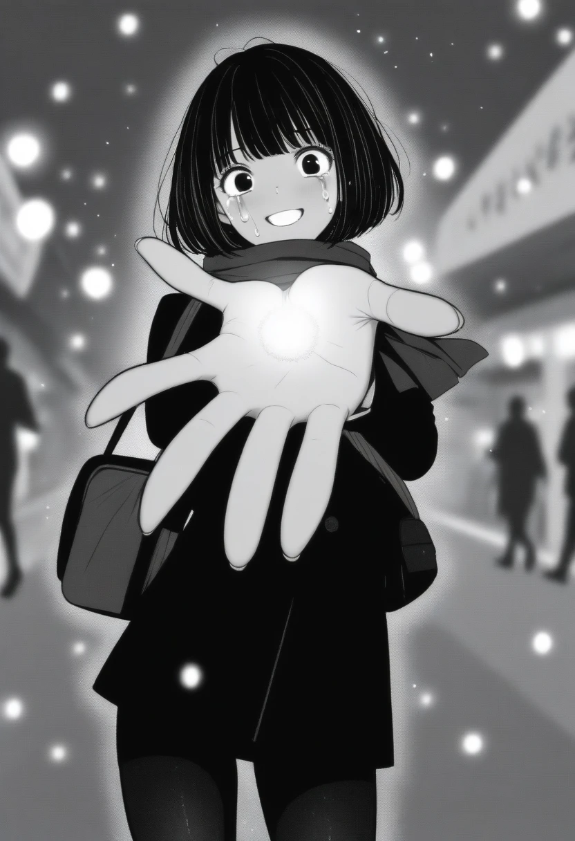masterpiece, best quality, 1girl, mamerakkkkko, grayscale, manga style, japanese, chi no wadachi, black eyes, street, iced, black hair, schoolbag, smile, lineart, black coat, black scarf, black pleated skirt, leggins, centered, 18 years old, tall, fair skinned, bokeh background, crying, tears, tears streaming, bob cut, light particles, centered, snowing, (((reaching out a hand to viewer, perfect hand, detailed hand):1.1))
