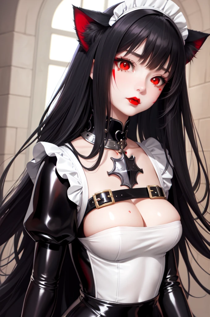 1 girl、Detailed facial details,Cat ear,Black long hair,Red lips,Slim,Large Breasts,Wearing white latex tights maid armor,Knight clothing,Maid headdress,Charming red eye,,Handcuffs,Collar,Radiant Skin,Bright castle,Medieval Castle