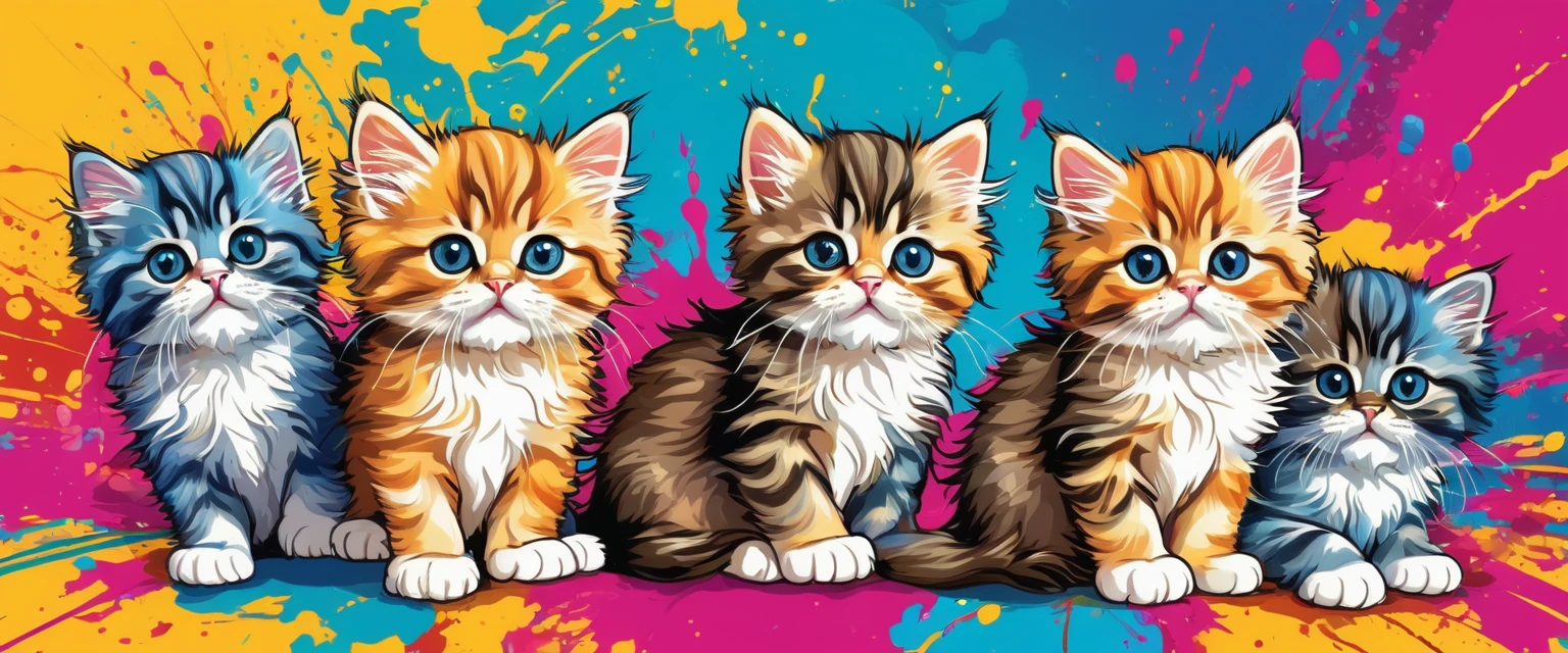 Vector Art, Colorful illustration with lots of cute Persian kittens, In the center, Vibrant colors, Paint splatters and stains, High Detail,Hawaiian style background